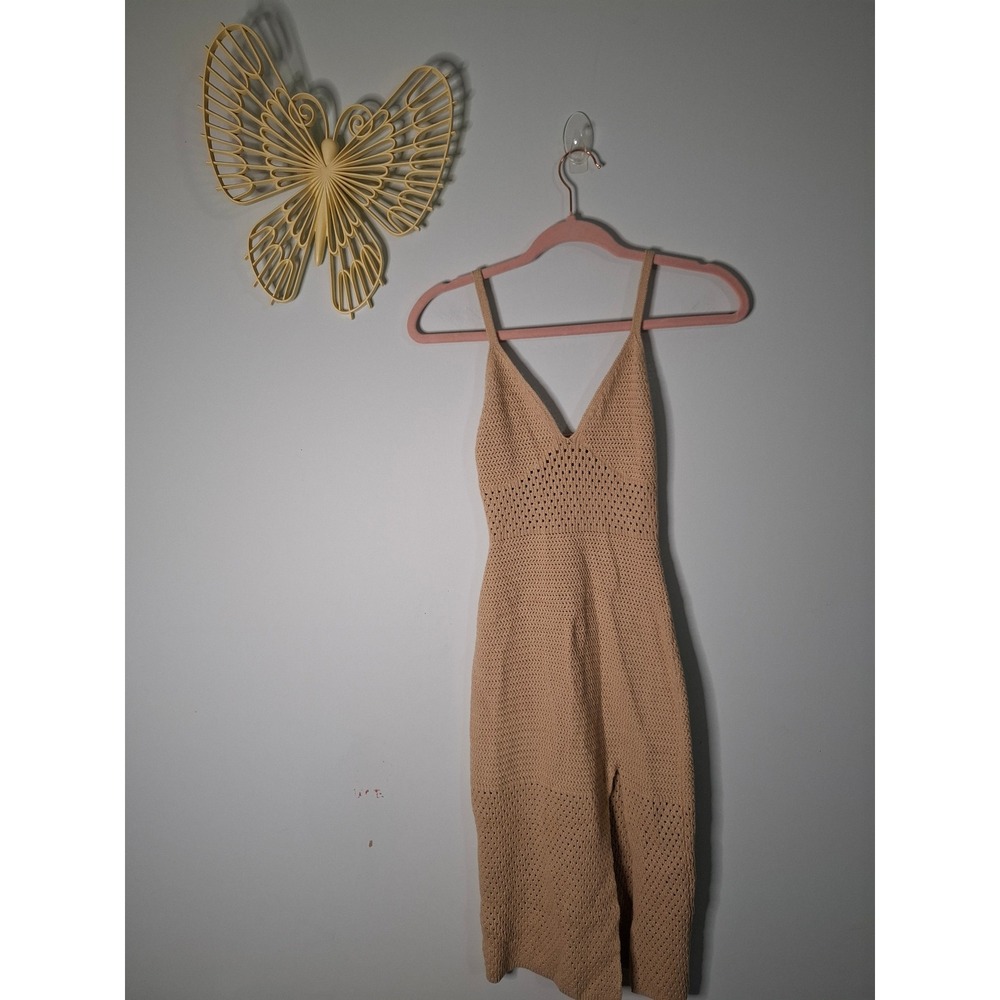Wilfred Aritzia Crochet Knit Midi Dress Tan Beige Cotton Pointelle XS